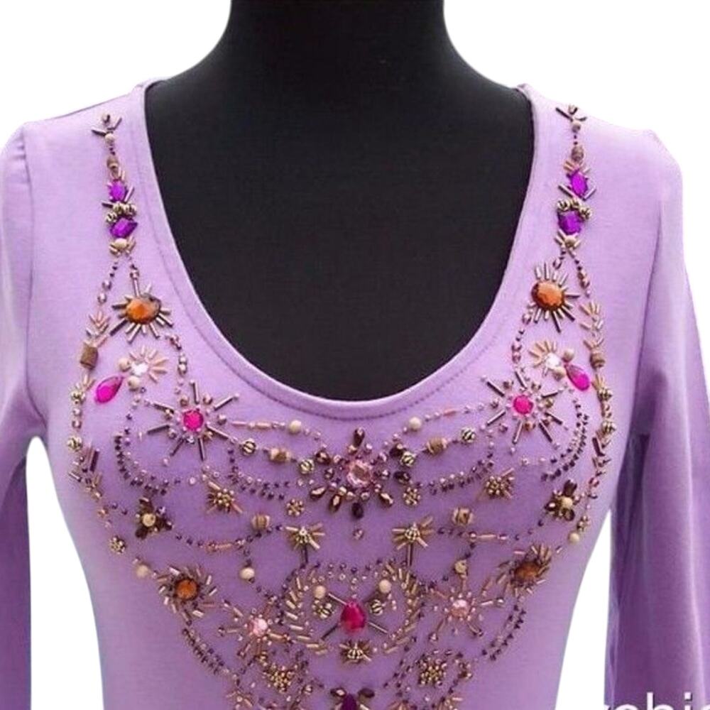 Cache Rhinestone Bead Pearl Embellished Stretch Top New NWT Cotton Lilac $98 SzS